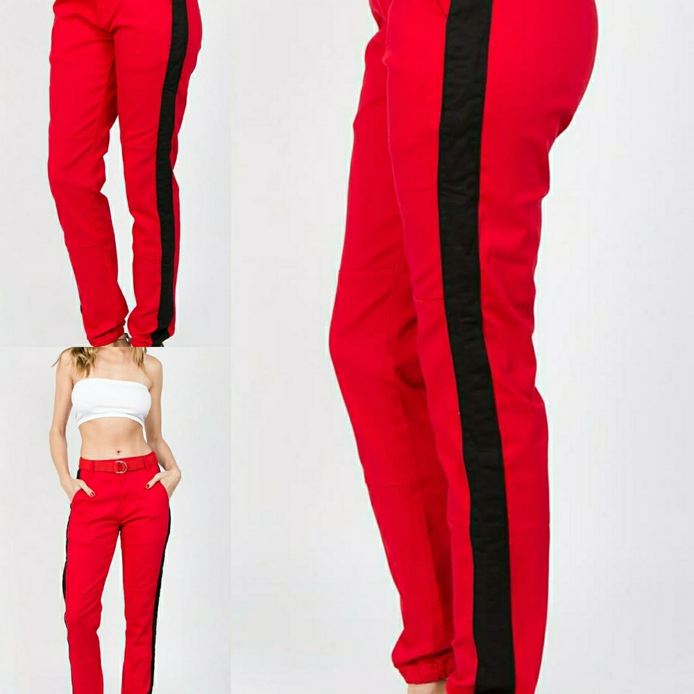 High rise twill jogger with belt